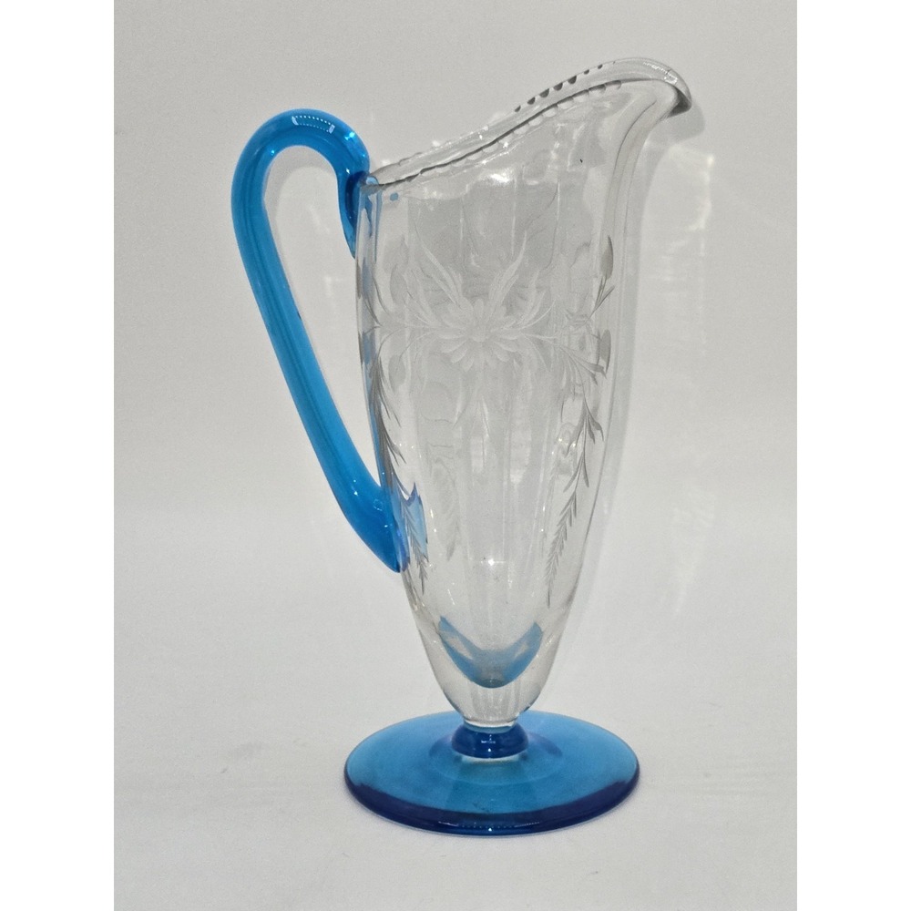 Steuben Celeste Blue‎ Art Glass Creamer Acid Etched Floral Applied Handle 7"
